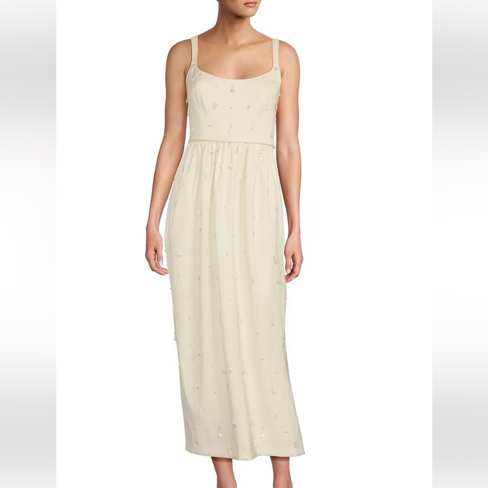 Elizabeth Damrich Glass Stretch Mikado Neck Sleeveless Embellished A-Line Dress